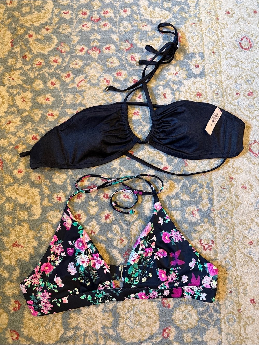 Black Bandeau Bikini Top & Black Floral Triangle Bikini Top